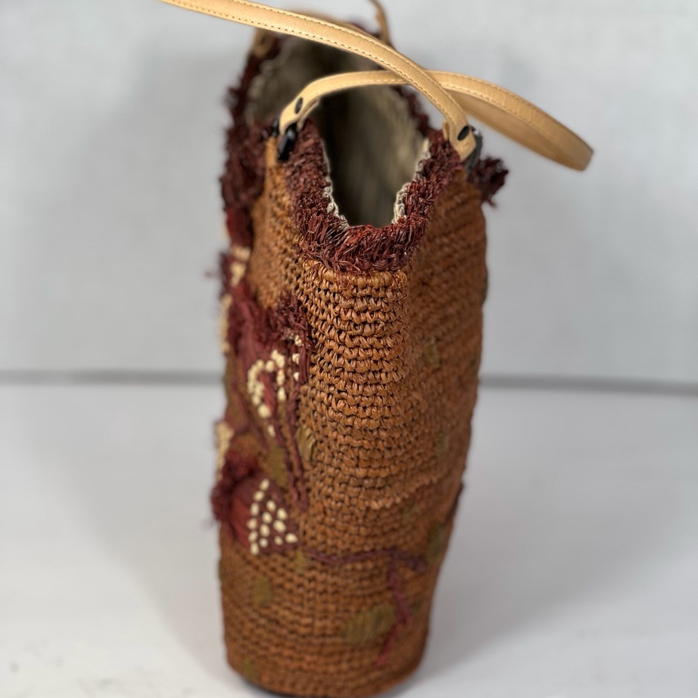 Jamin Puech Raffia Woven Tote Bag Embroidered Floral Pattern Leather Handles - Picture 4 of 15